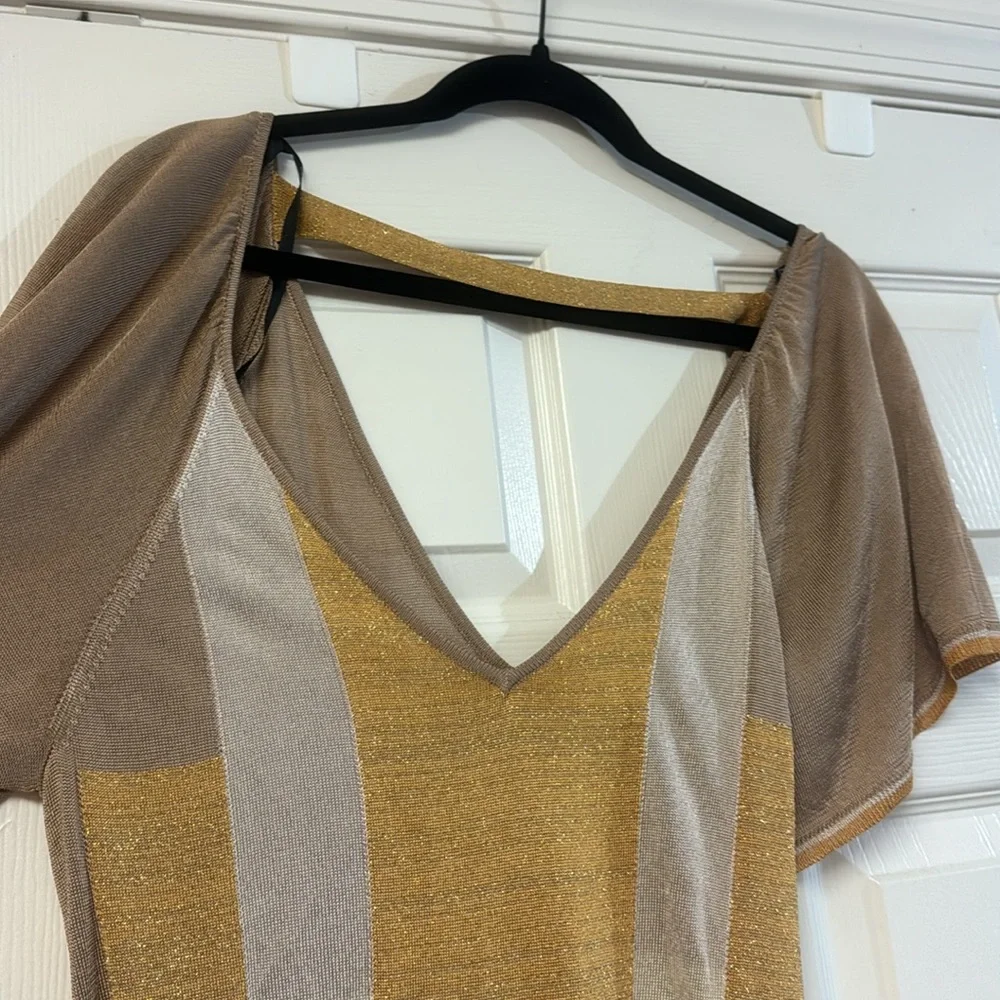 Bebe tan gold v neck short sleeve bodycon stretchy sweater tunic top dress L - Picture 6 of 11